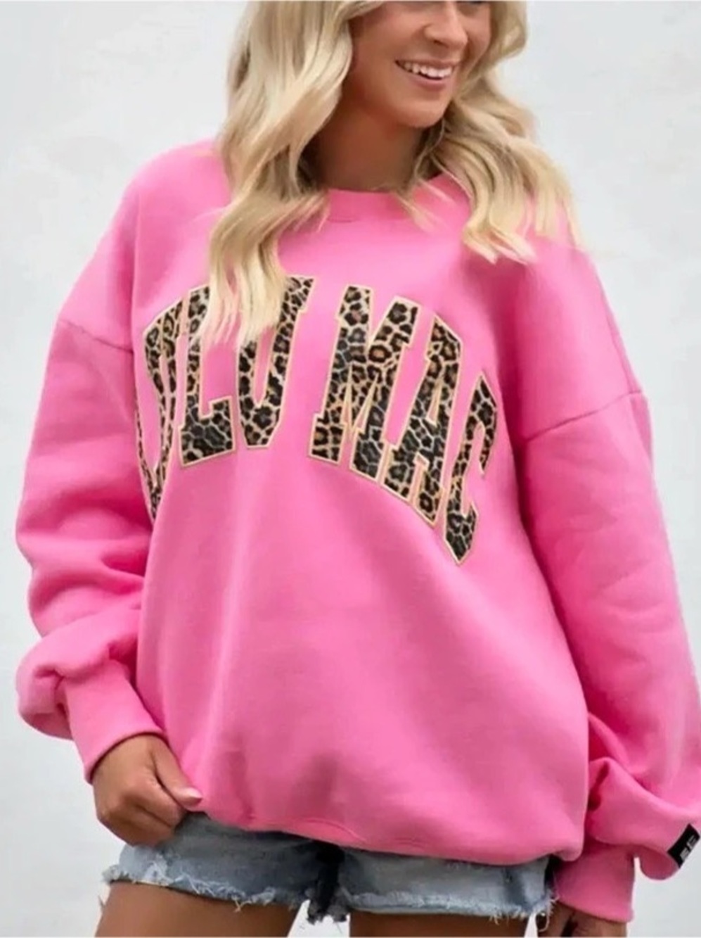 Lulu Mac Leopard Embroidered Crew Pink Sweatshirt